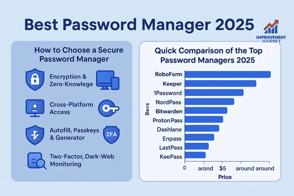 Looking for the best password manager 2025? You’re in the right place. Online security matters now more than ever—our passwords are the gateways to everything important. So, finding a secure password manager 2025, one of the top password managers 2025, is essential. This guide dives into a password manager comparison for 2025 to help you decide with confidence. We’ll cover key password manager features in 2025, explain how they protect you, and show how to pick the right one, step by step.