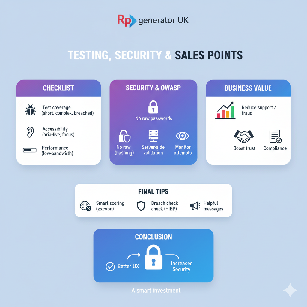 Test with short, long, complex, and breached passwords.
Use aria-live="polite" for the dynamic label.
Test in low-bandwidth: if you use zxcvbn or breach checks, provide fallbacks or throttle checks.
Avoid blocking form submission for low score — instead, explain the risk and optionally require a higher score for sensitive accounts (financial apps, admin users).
Use colour + text + icon for clarity (colour alone fails for color-blind users).Security checklist & OWASP guidance
Do not store raw passwords.
Use secure, modern password hashing (Argon2, bcrypt) server-side.
Validate on the server in addition to the client.
Consider logging and monitoring for account takeover attempts.
For more details, follow the OWASP Password Storage Cheat Sheet.